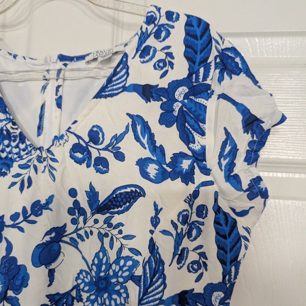 Venus Lascana Floral Midi Dress Womens Size Large White Blue Short Sleeve V Neck - Picture 3 of 15